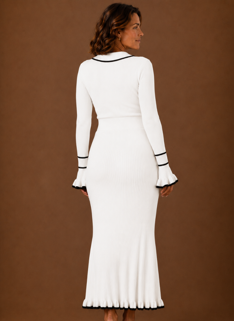 Theodora Polo Collar Ribbed Knit – Women's Maxi Dress in White