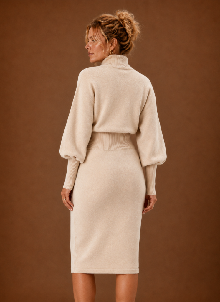Lucienne Turtleneck Ribbed Knit – Women's Midi Dress in Beige