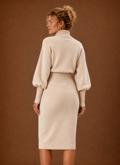 Lucienne Turtleneck Ribbed Knit – Women's Midi Dress in Beige