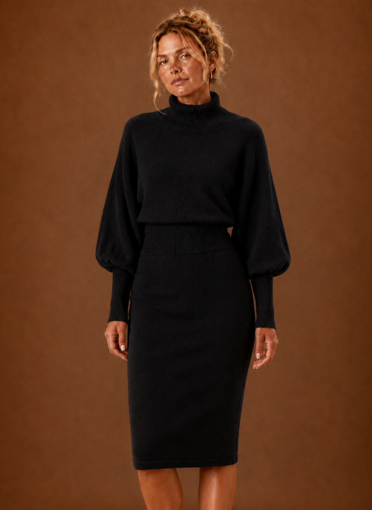 Lucienne Turtleneck Ribbed Knit – Women's Midi Dress in Beige