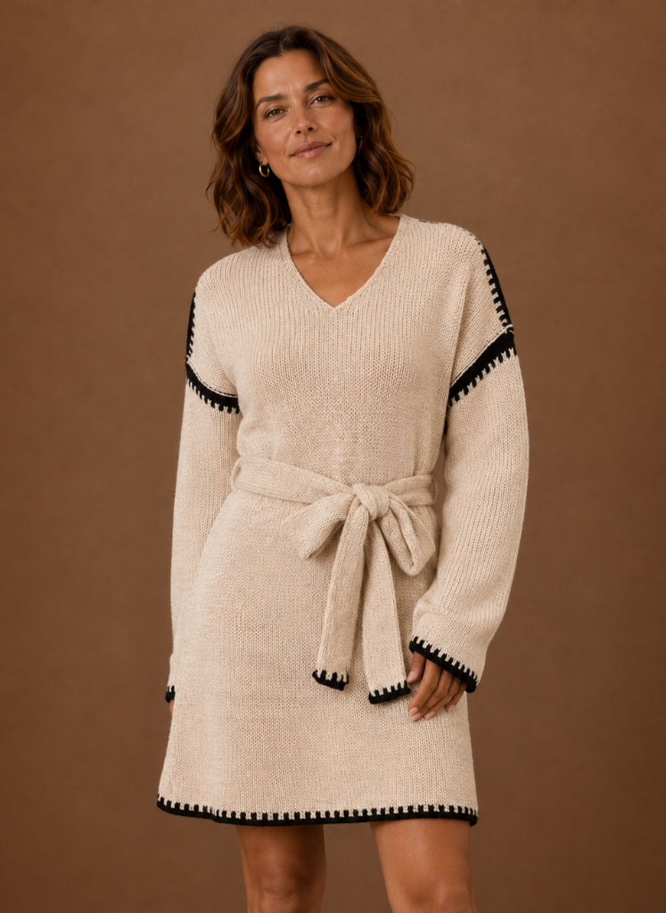 Ondine V-Neck Waist Belt – Women's Midi Dress in Beige