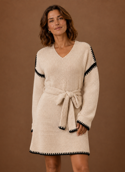 Ondine V-Neck Waist Belt – Women's Midi Dress in Beige