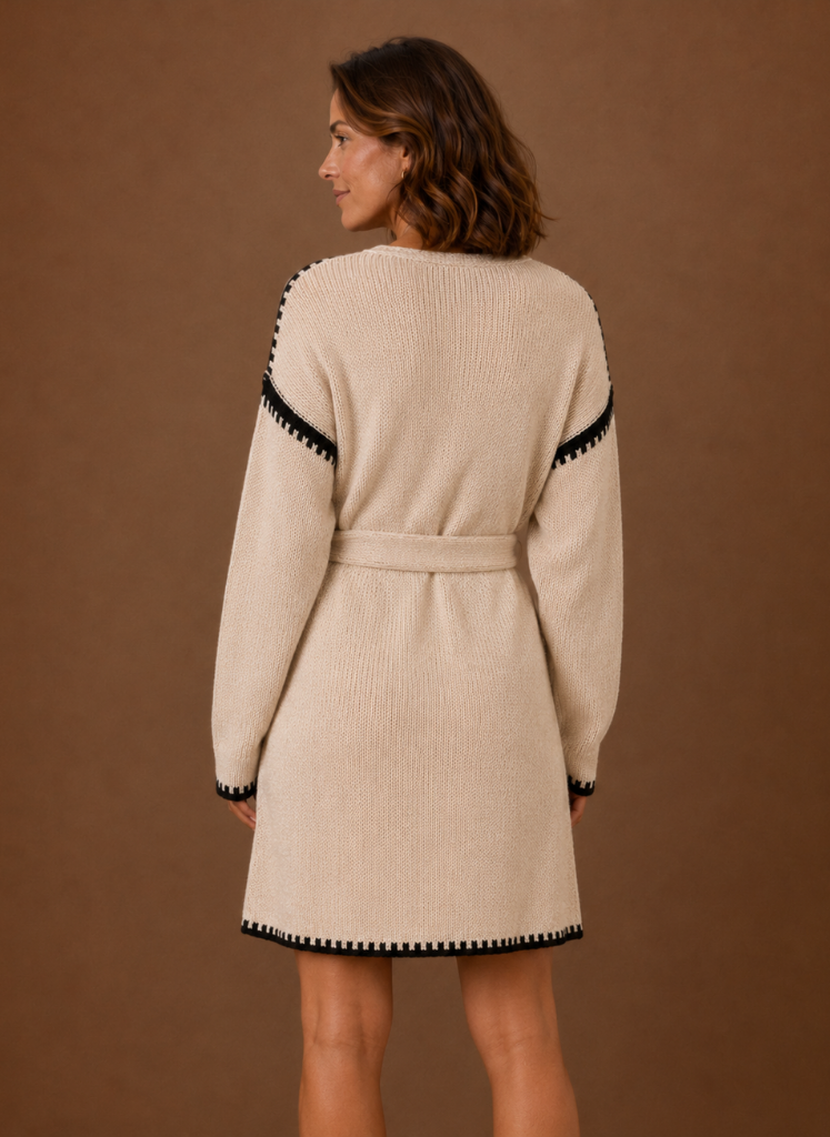 Ondine V-Neck Waist Belt – Women's Midi Dress in Beige