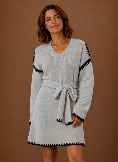Ondine V-Neck Waist Belt – Women's Midi Dress in Beige