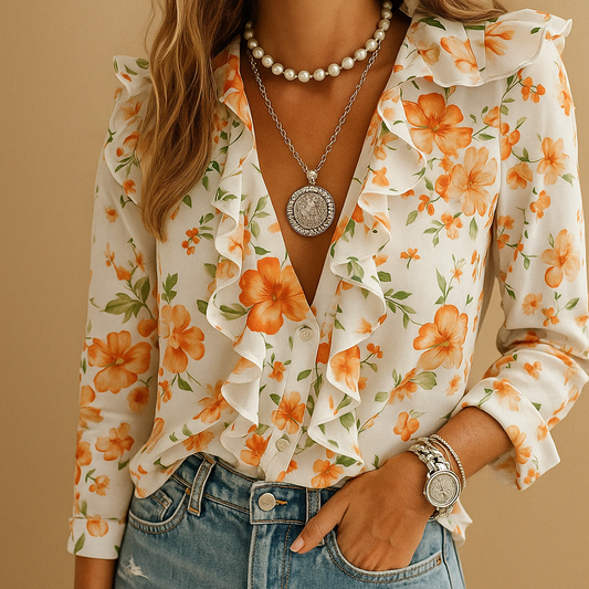 Women's Ruffle Blouse | Butterfly Print, Elegant Design 0