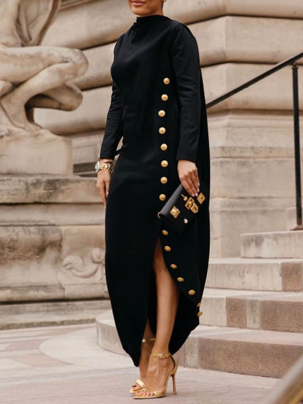 Women's black cotton blend maxi dress | Loose fit long sleeve mock neck dress for spring and autumn 0