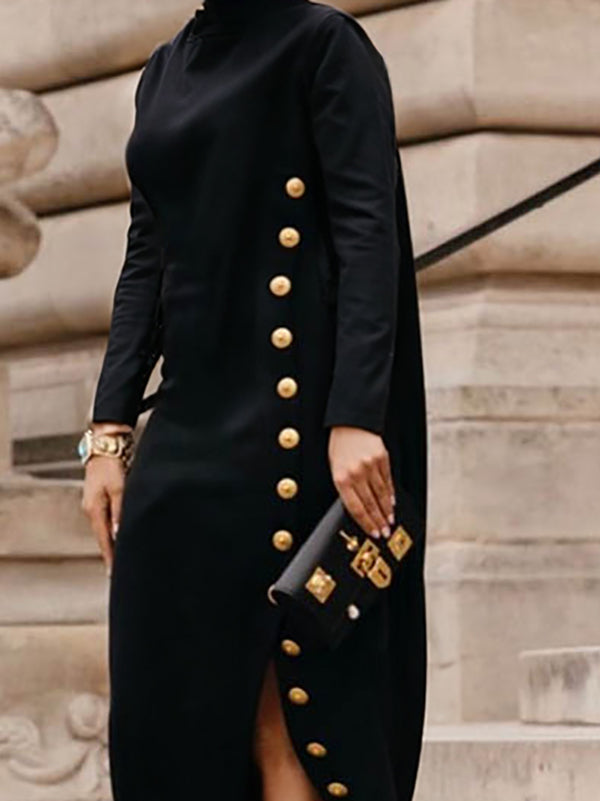 Women's black cotton blend maxi dress | Loose fit long sleeve mock neck dress for spring and autumn 1