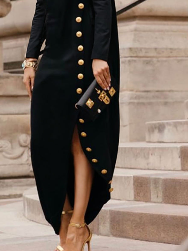 Women's black cotton blend maxi dress | Loose fit long sleeve mock neck dress for spring and autumn 2