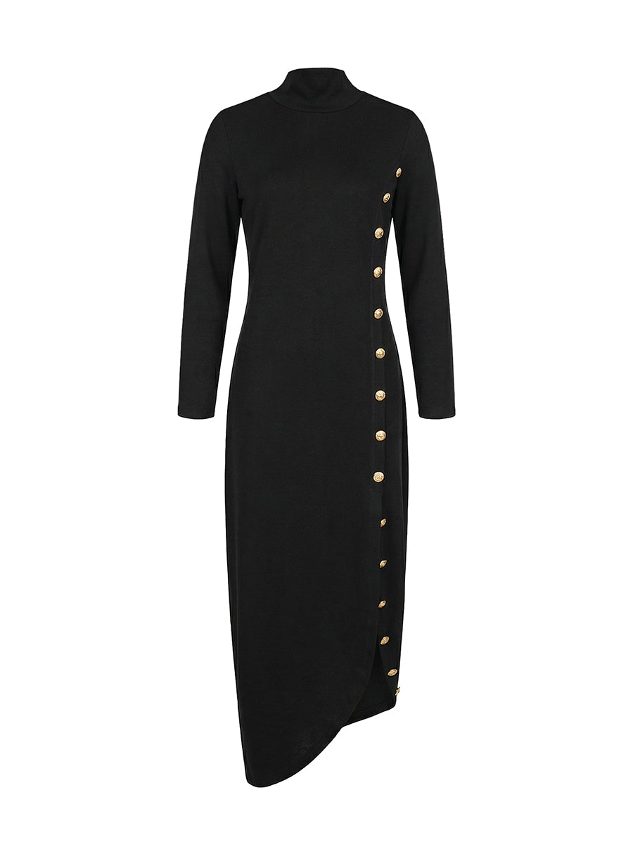 Women's black cotton blend maxi dress | Loose fit long sleeve mock neck dress for spring and autumn 5