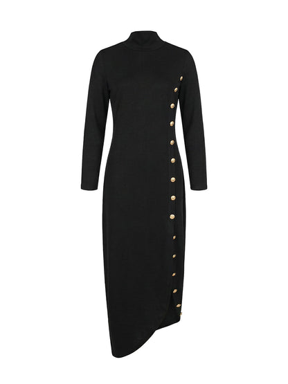 Women's black cotton blend maxi dress | Loose fit long sleeve mock neck dress for spring and autumn 5