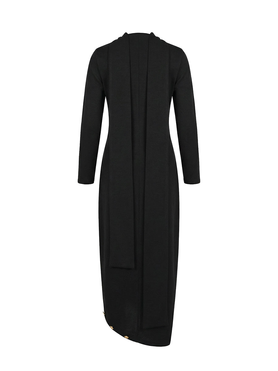 Women's black cotton blend maxi dress | Loose fit long sleeve mock neck dress for spring and autumn 6