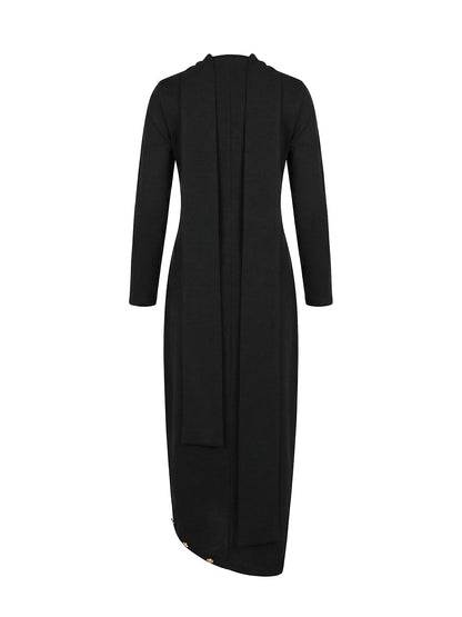 Women's black cotton blend maxi dress | Loose fit long sleeve mock neck dress for spring and autumn 6