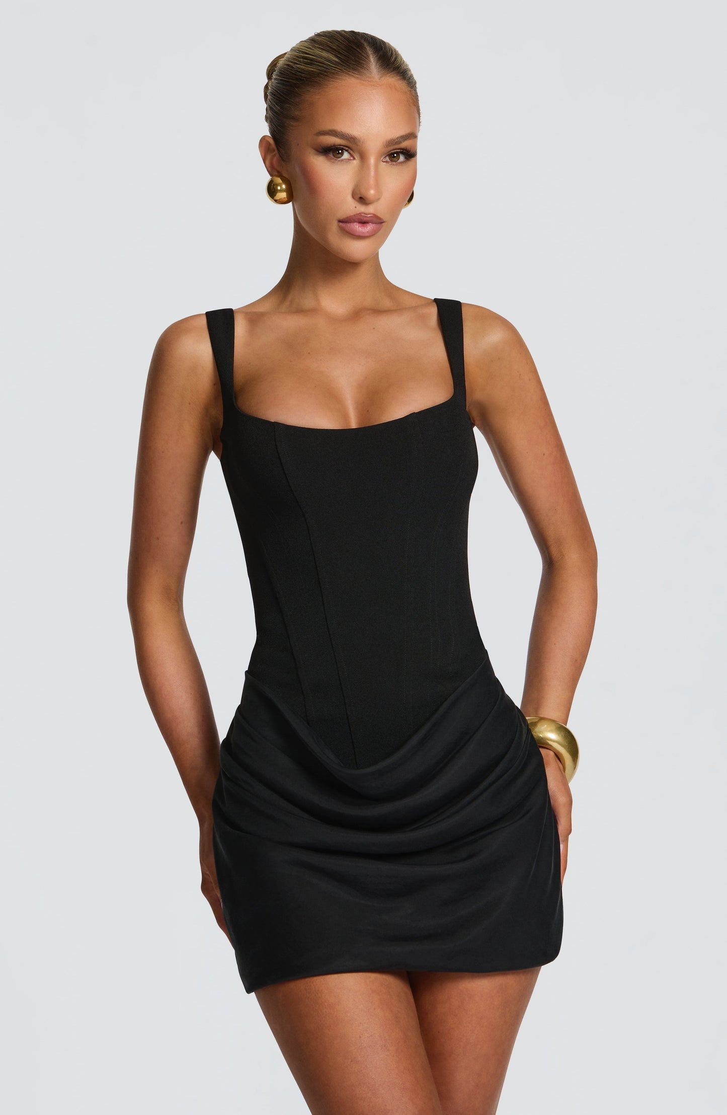 Women's black structured crepe mini dress | Elegant cowl overlay design 0