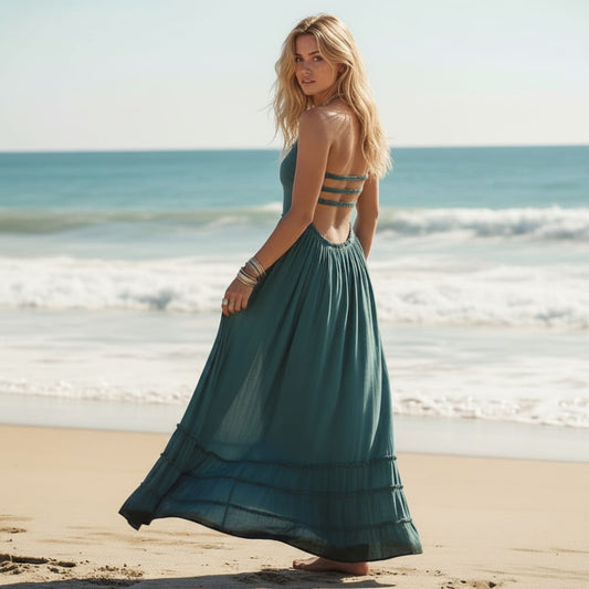 Women's bohemian cotton blend maxi dress | Elegant backless summer gown 0