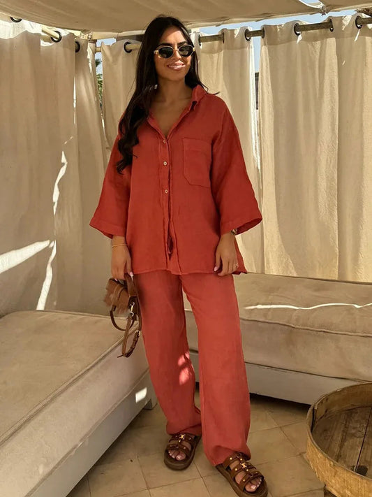 Women's breathable cotton-linen two piece set | Relaxed button shirt and wide-leg trousers 0