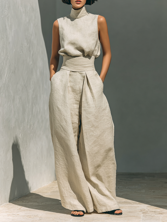 Women's breathable cotton linen blend two-piece set | Comfortable sleeveless loungewear with wide-leg pants 0