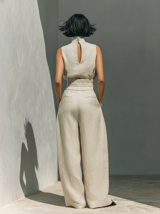 Women's breathable cotton linen blend two-piece set | Comfortable sleeveless loungewear with wide-leg pants 1
