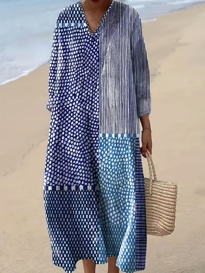 Women's breathable cotton summer midi dress | Elegant geometric design in sea-inspired blues 0