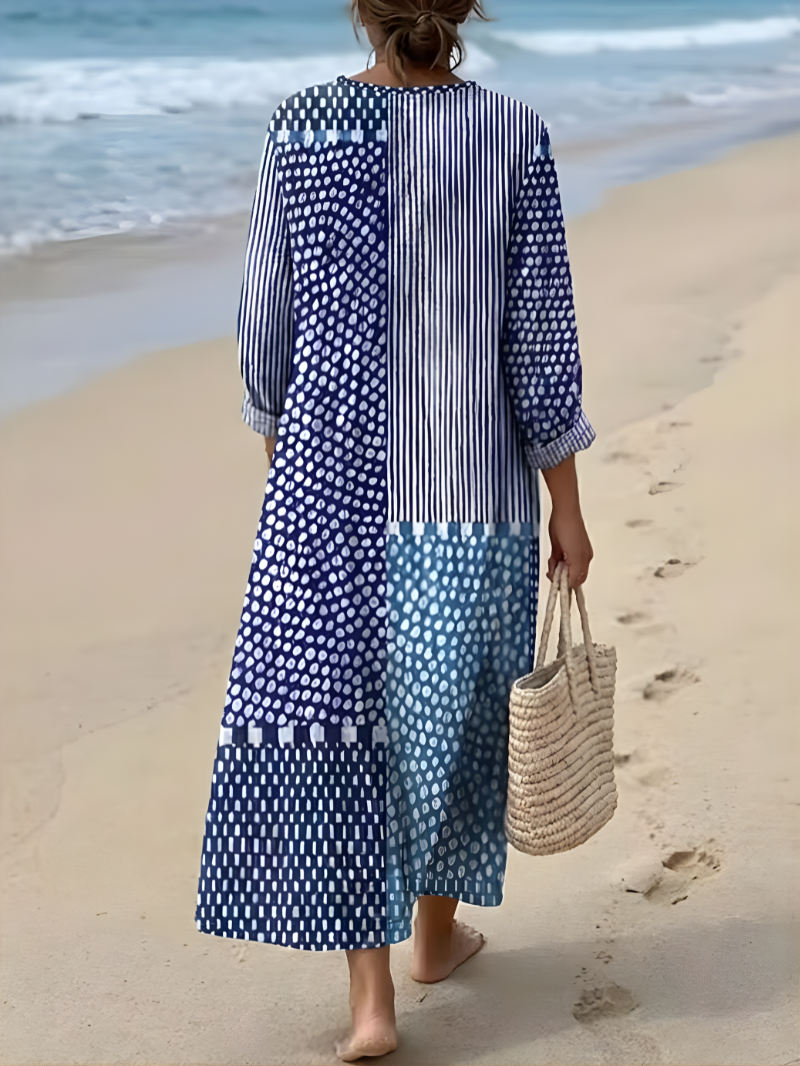 Women's breathable cotton summer midi dress | Elegant geometric design in sea-inspired blues 1