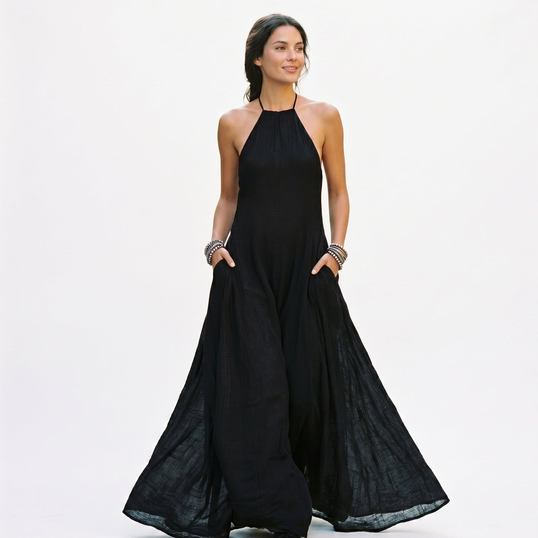 Women's breathable linen blend maxi dress | Elegant sleeveless summer gown 0