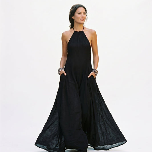 Women's breathable linen blend maxi dress | Elegant sleeveless summer gown 0