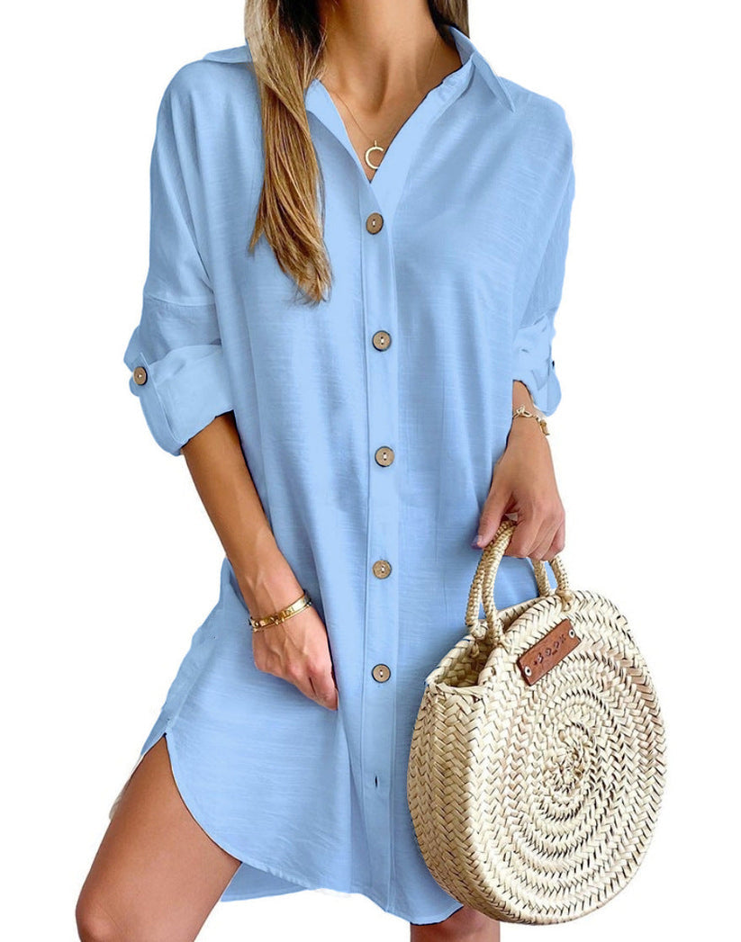 Women's casual polyester summer dress | Versatile button-up shirt dress 7