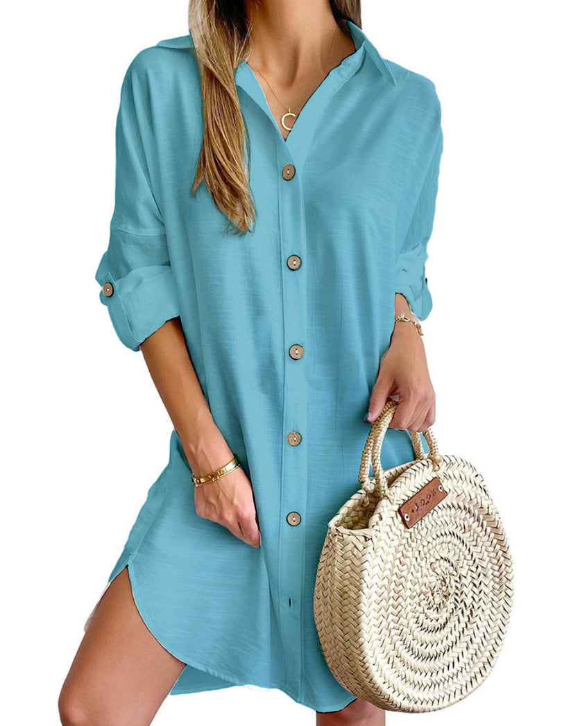 Women's casual polyester summer dress | Versatile button-up shirt dress 8