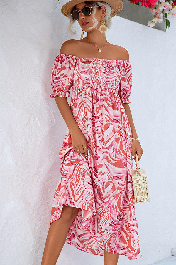 Women's colorful smocked off the shoulder midi dress | Trendy summer beachwear 0