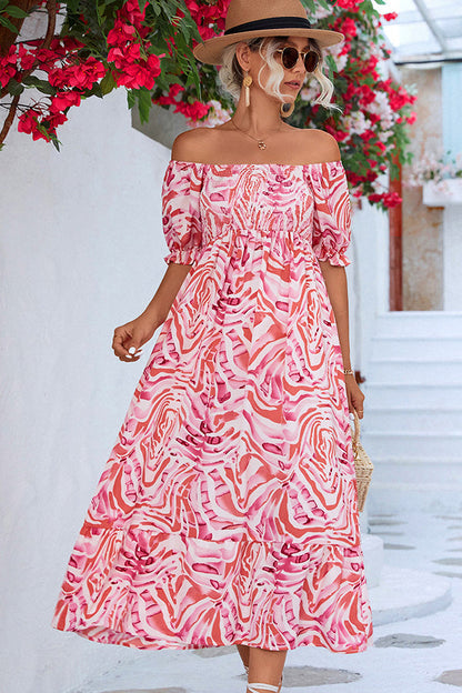 Women's colorful smocked off the shoulder midi dress | Trendy summer beachwear 1