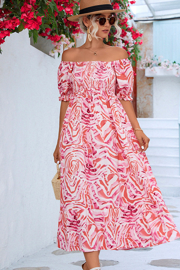 Women's colorful smocked off the shoulder midi dress | Trendy summer beachwear 2