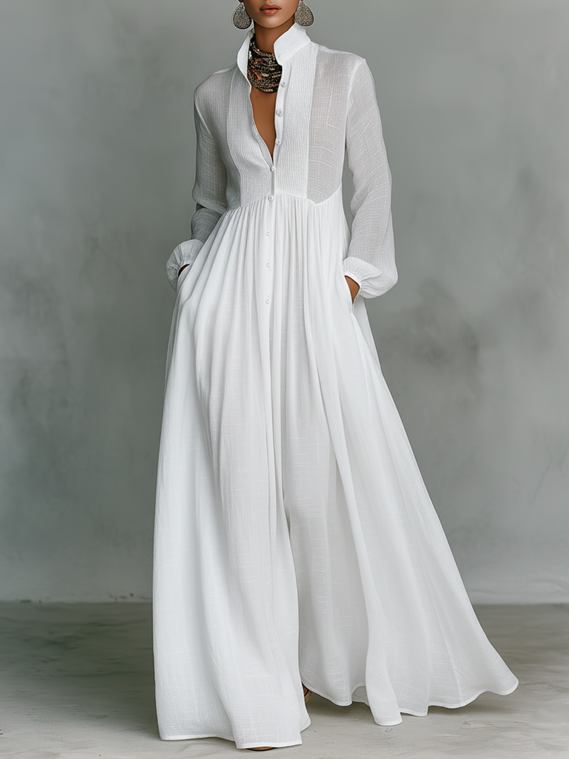 Women's cotton linen patchwork maxi dress | Elegant long-sleeve summer dress 0