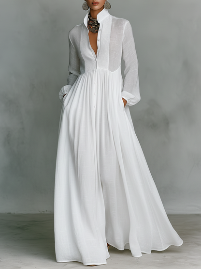 Women's cotton linen patchwork maxi dress | Elegant long-sleeve summer dress 0
