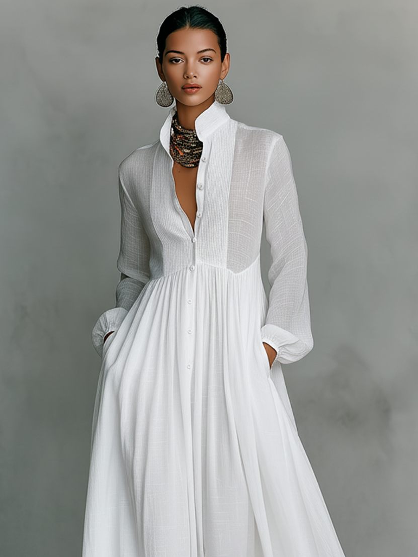 Women's cotton linen patchwork maxi dress | Elegant long-sleeve summer dress 1