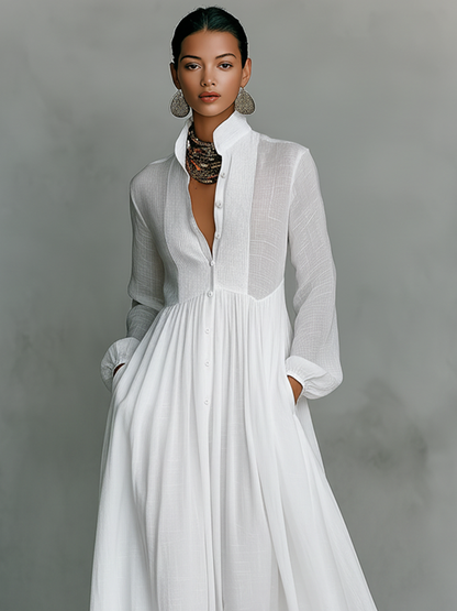 Women's cotton linen patchwork maxi dress | Elegant long-sleeve summer dress 1