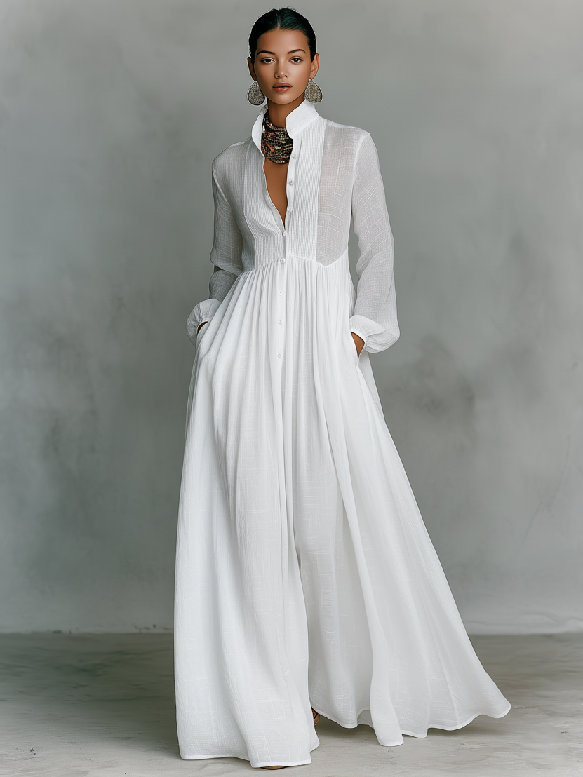 Women's cotton linen patchwork maxi dress | Elegant long-sleeve summer dress 3