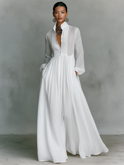 Women's cotton linen patchwork maxi dress | Elegant long-sleeve summer dress 3