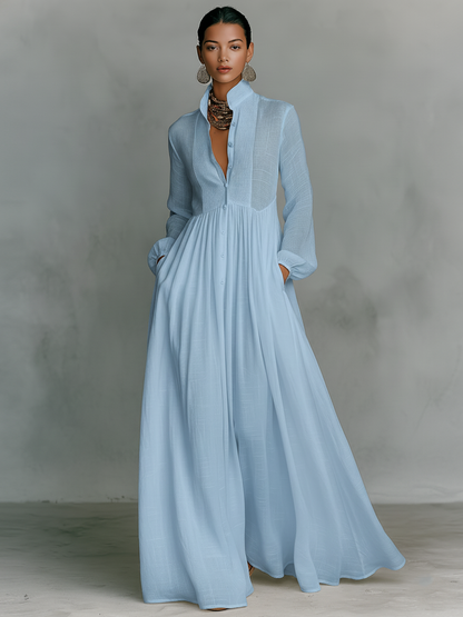 Women's cotton linen patchwork maxi dress | Elegant long-sleeve summer dress 4