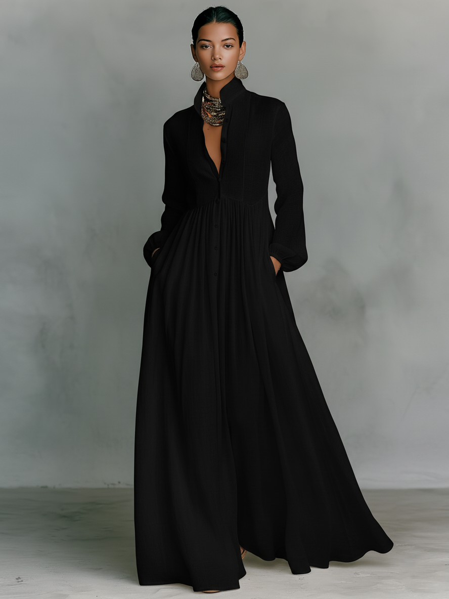 Women's cotton linen patchwork maxi dress | Elegant long-sleeve summer dress 5