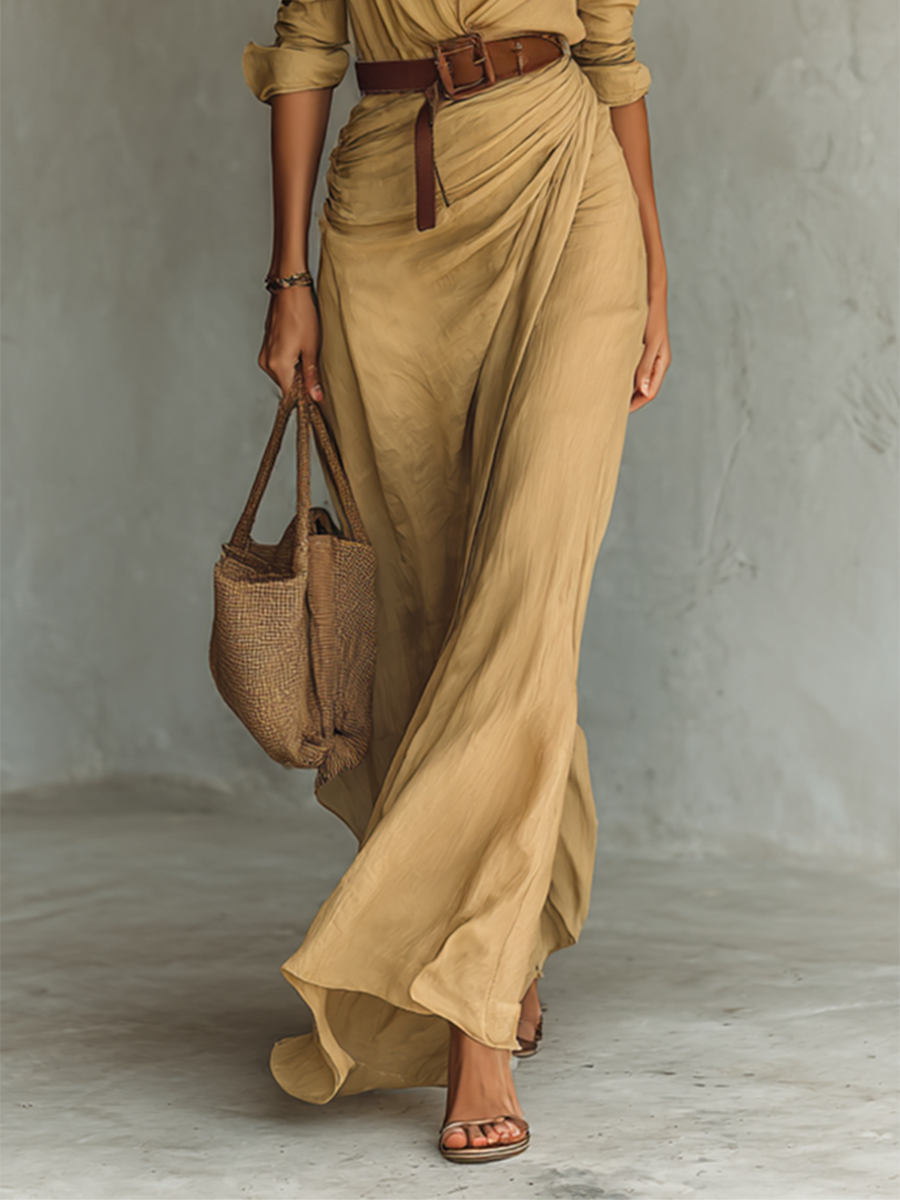 Women's cotton tencel blend belted maxi dress | Elegant long sleeve formal dress 2
