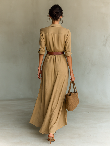 Women's cotton tencel blend belted maxi dress | Elegant long sleeve formal dress 3