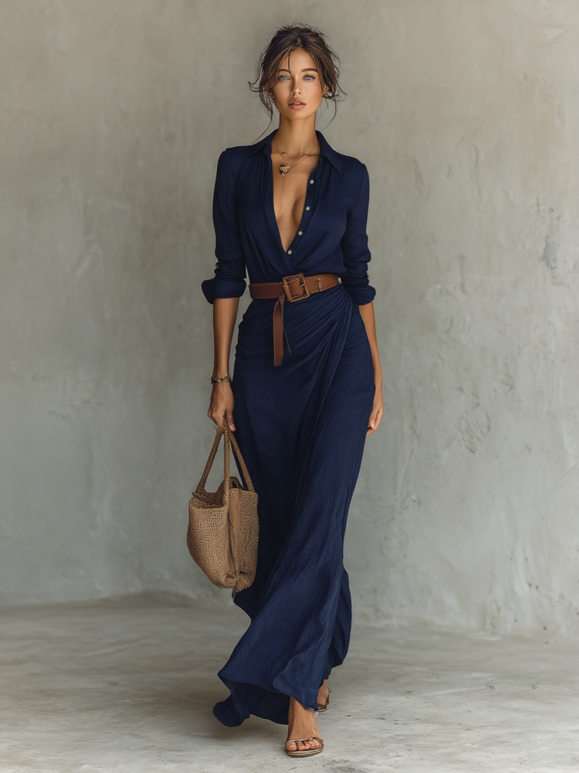 Women's cotton tencel blend belted maxi dress | Elegant long sleeve formal dress 4
