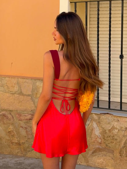 Women's elegant A-line cocktail dress | Red short criss-cross back party dress 1