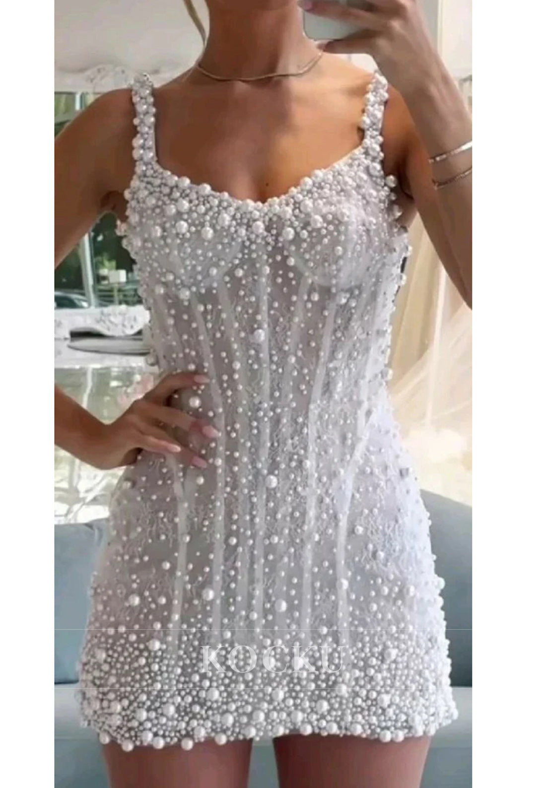 Women's elegant beaded mini wedding dress | Chic short gown with spaghetti straps and V-neckline 0