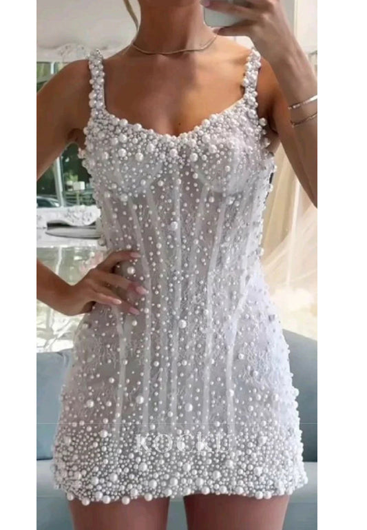 Women's elegant beaded mini wedding dress | Chic short gown with spaghetti straps and V-neckline 0