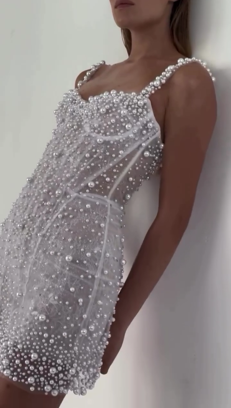 Women's elegant beaded mini wedding dress | Chic short gown with spaghetti straps and V-neckline 5