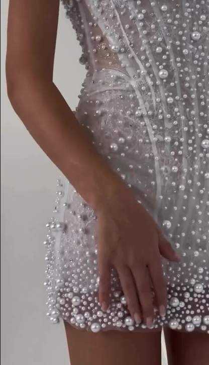 Women's elegant beaded mini wedding dress | Chic short gown with spaghetti straps and V-neckline 6