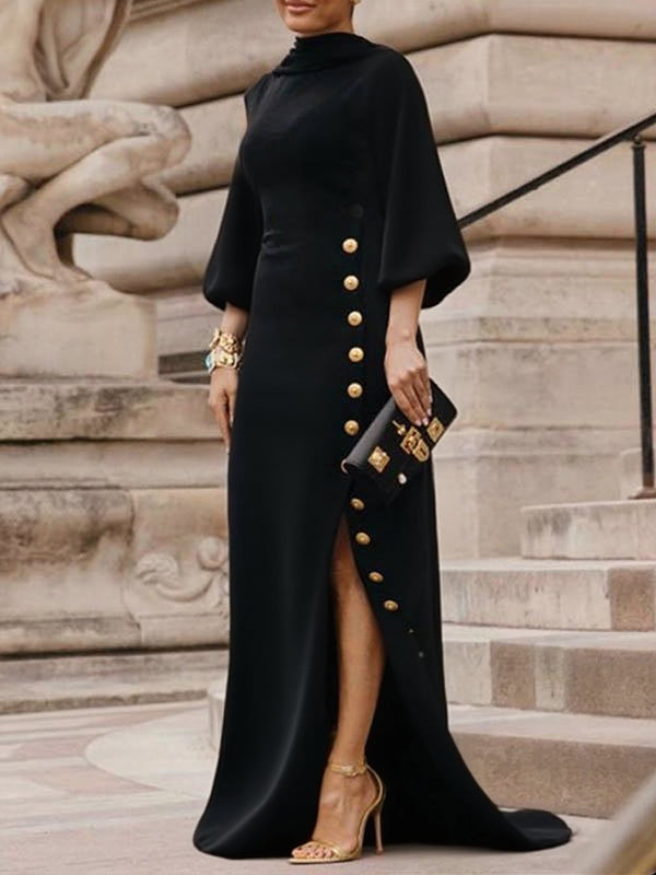 Women's elegant black cotton blend maxi dress | Chic puff sleeve evening gown 0