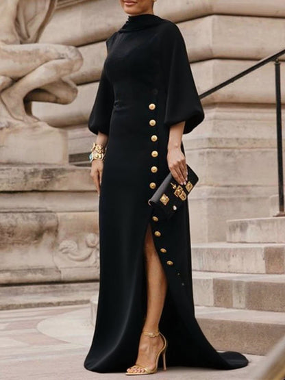 Women's elegant black cotton blend maxi dress | Chic puff sleeve evening gown 0