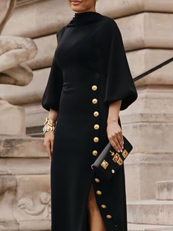 Women's elegant black cotton blend maxi dress | Chic puff sleeve evening gown 1