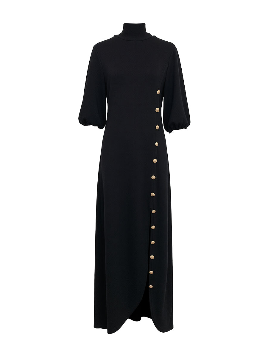 Women's elegant black cotton blend maxi dress | Chic puff sleeve evening gown 2